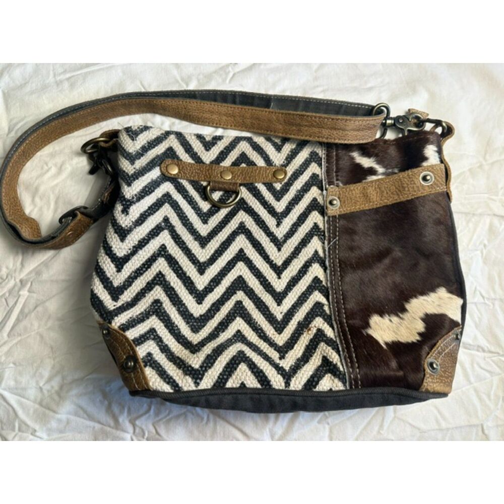 Myra Bag Galeecha Chevron Upcycled Canvas & Hair-On Cowhide Shoulder Bag  8759